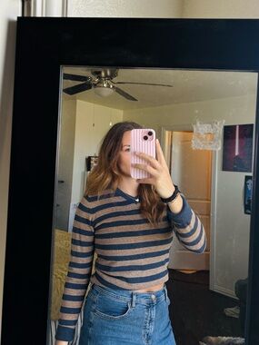 Striped Crewneck Long-Sleeve Top in Navy and Tan